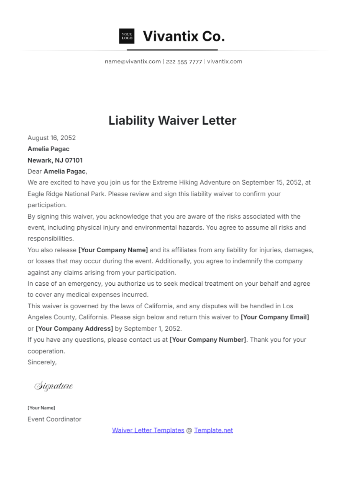 Liability Waiver Letter Template - Edit Online & Download