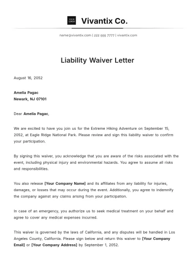 Free Liability Waiver Letter Template to Edit Online