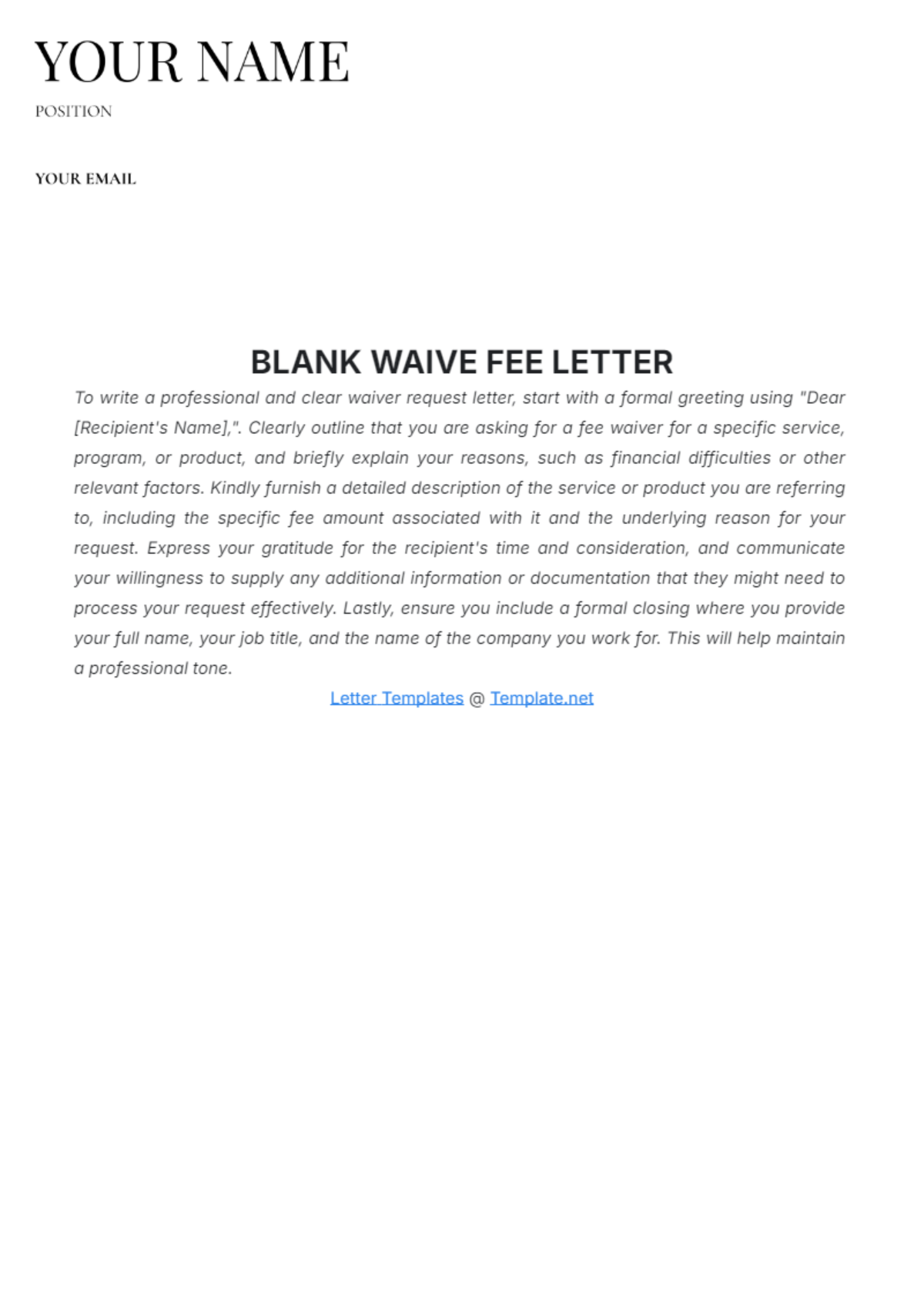 Blank Waive Fee Letter Template