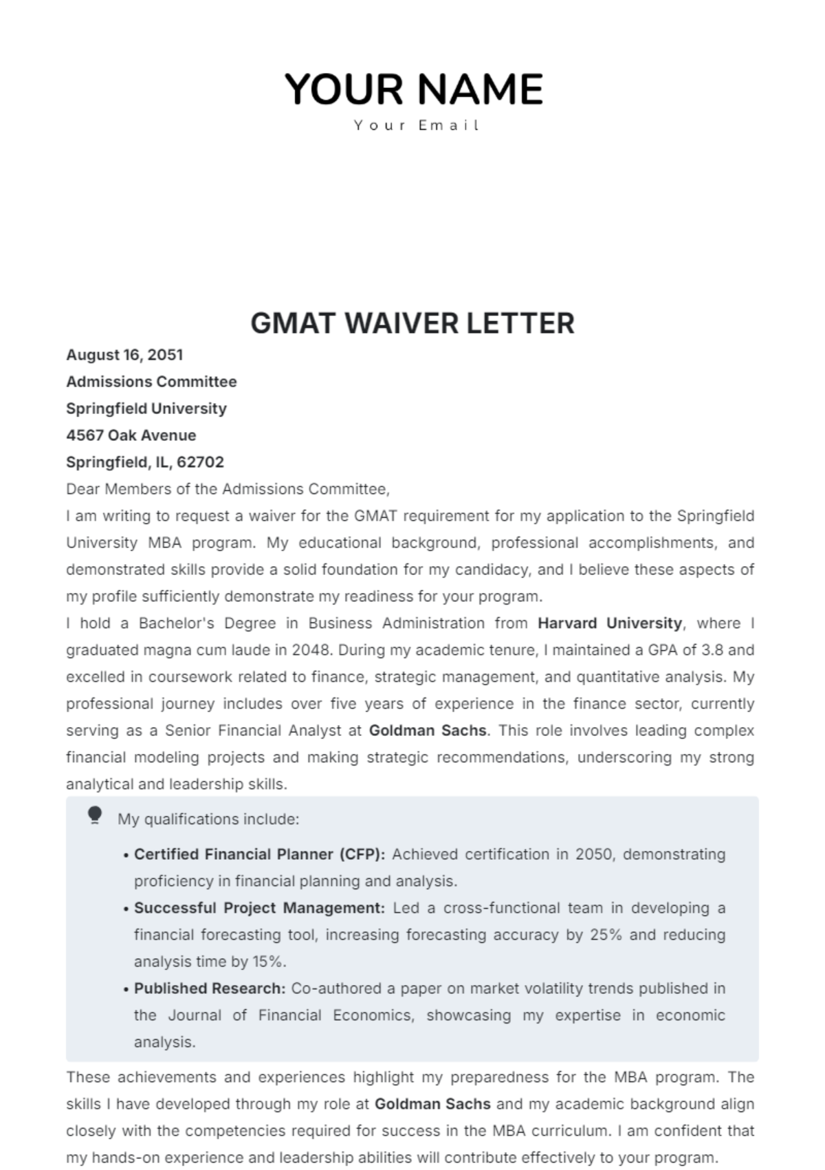 GMAT Waiver Letter Template