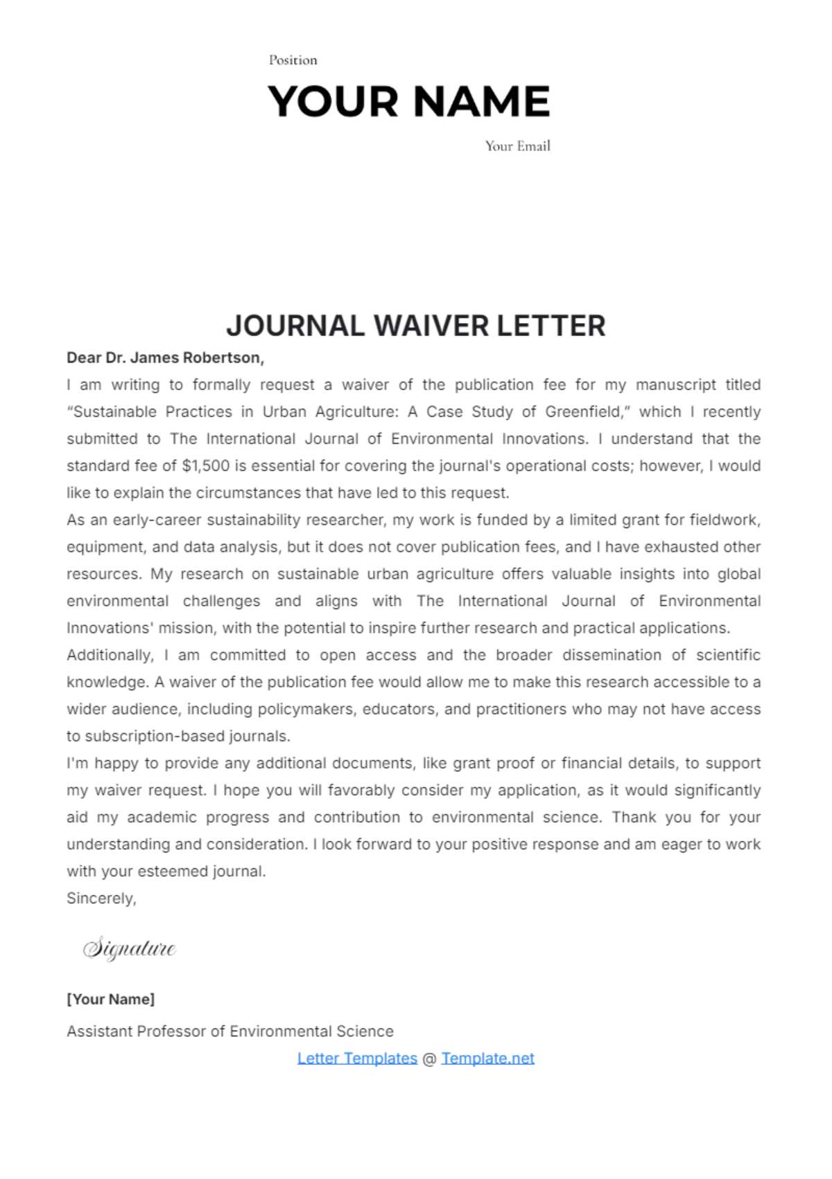 Journal Waiver Letter Template