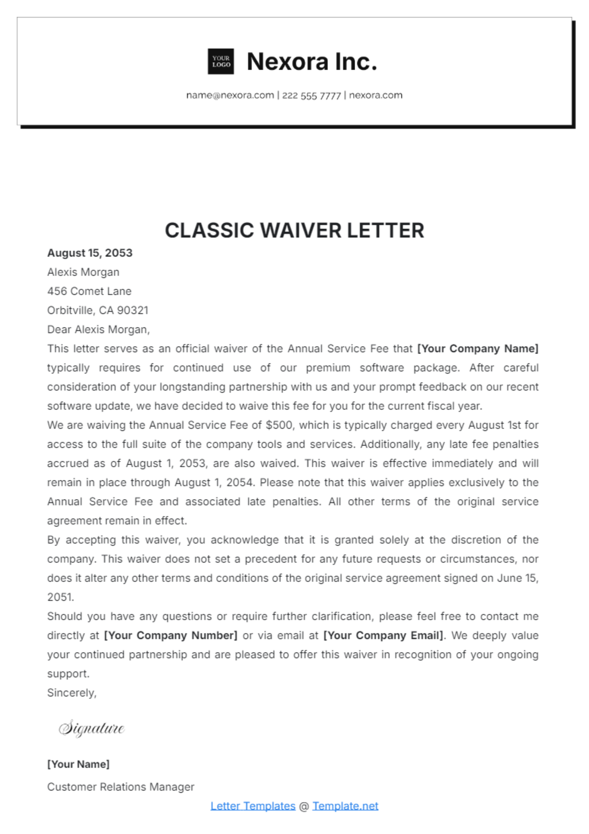 Classic Waiver Letter Template