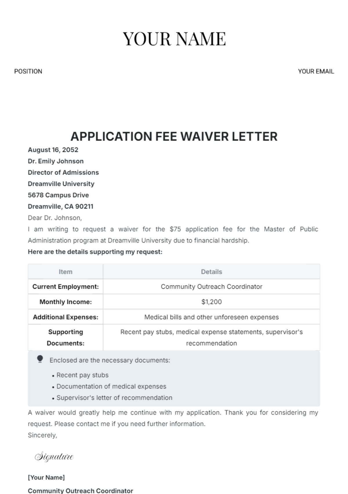 Application Fee Waiver Letter Template - Edit Online & Download