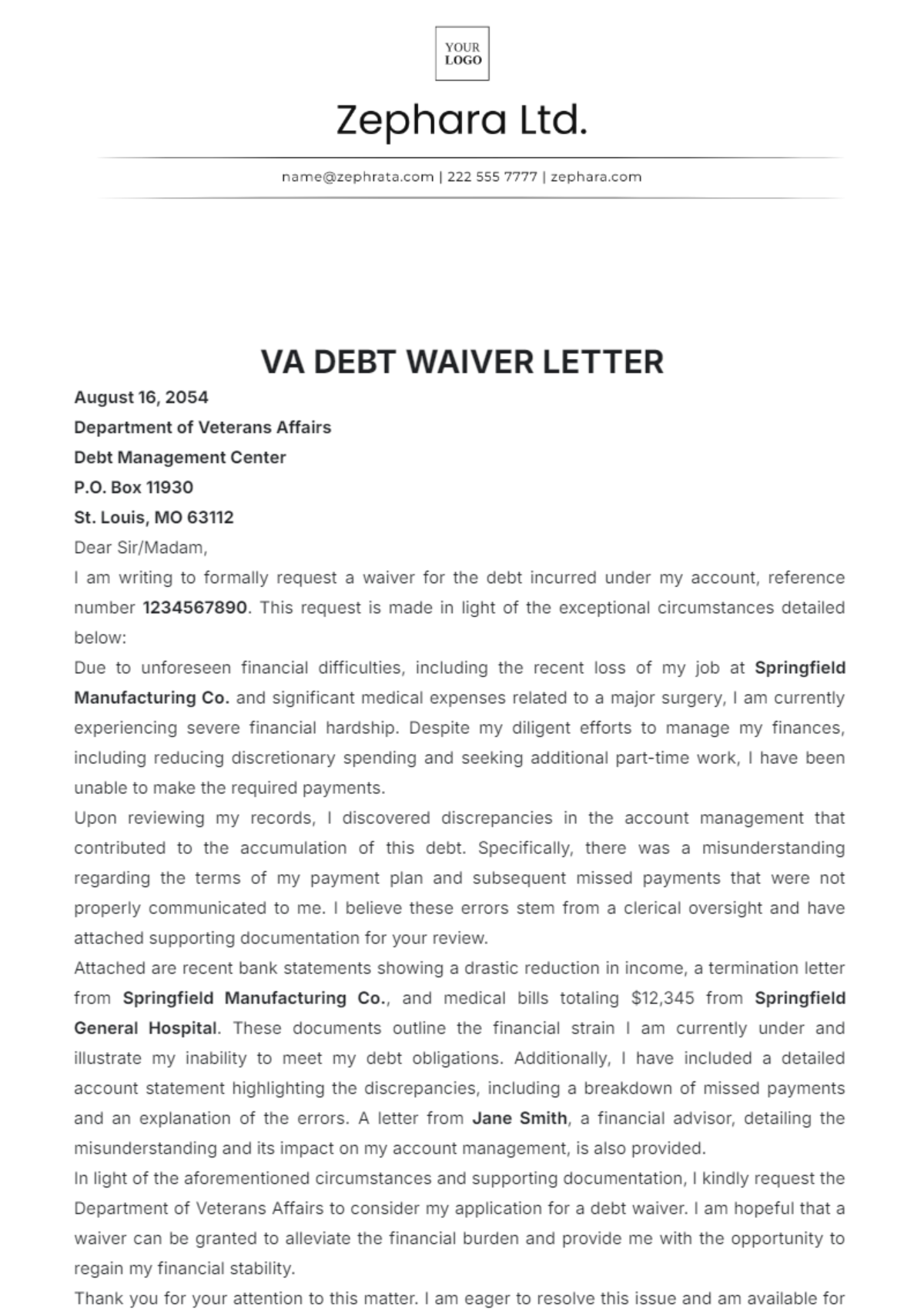 VA Debt Waiver Letter Template - Edit Online & Download