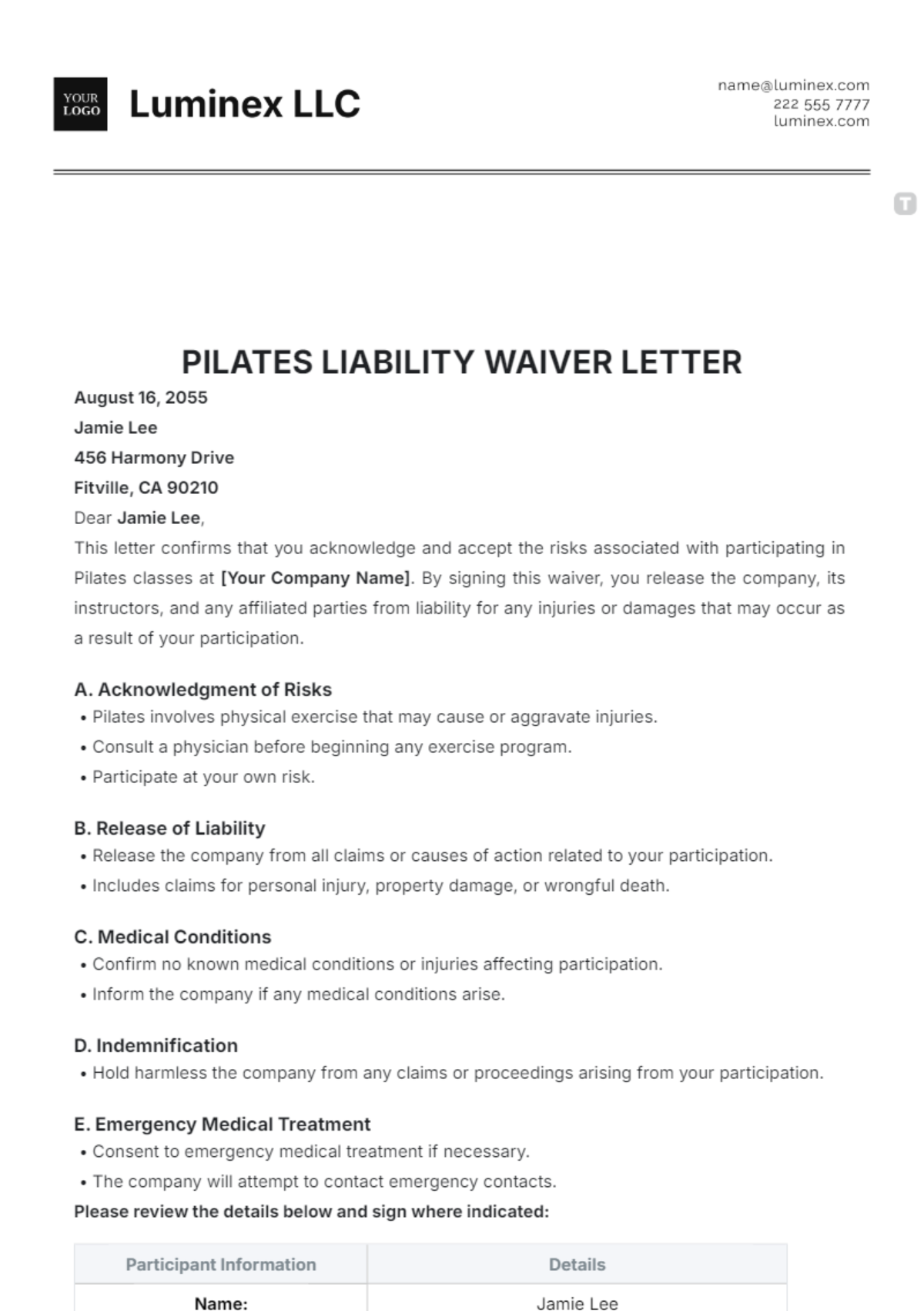 Pilates Liability Waiver Letter Template - Edit Online & Download