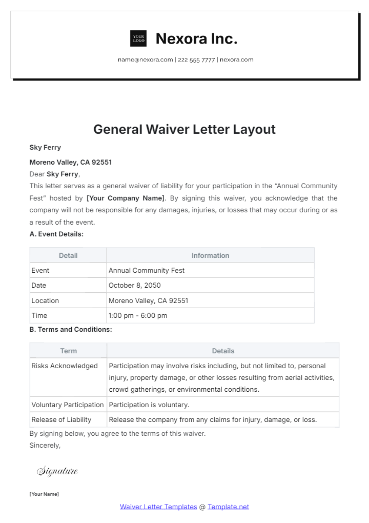 General Waiver Letter Layout Template - Edit Online & Download