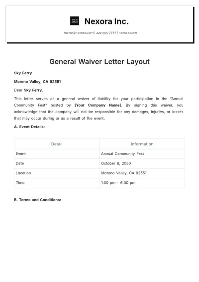 Free General Waiver Letter Layout Template to Edit Online