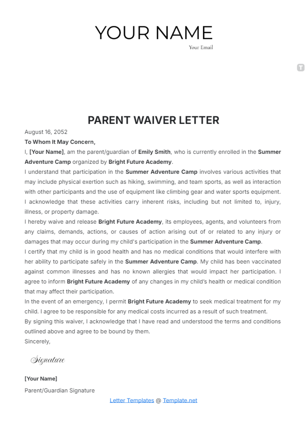 Parent Waiver Letter Template - Edit Online & Download