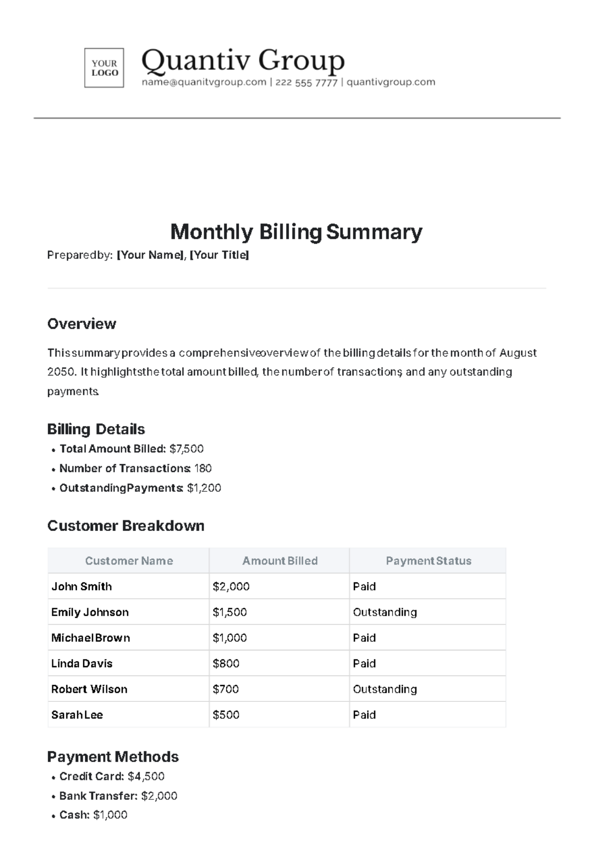 Monthly Billing Summary Template - Edit Online & Download