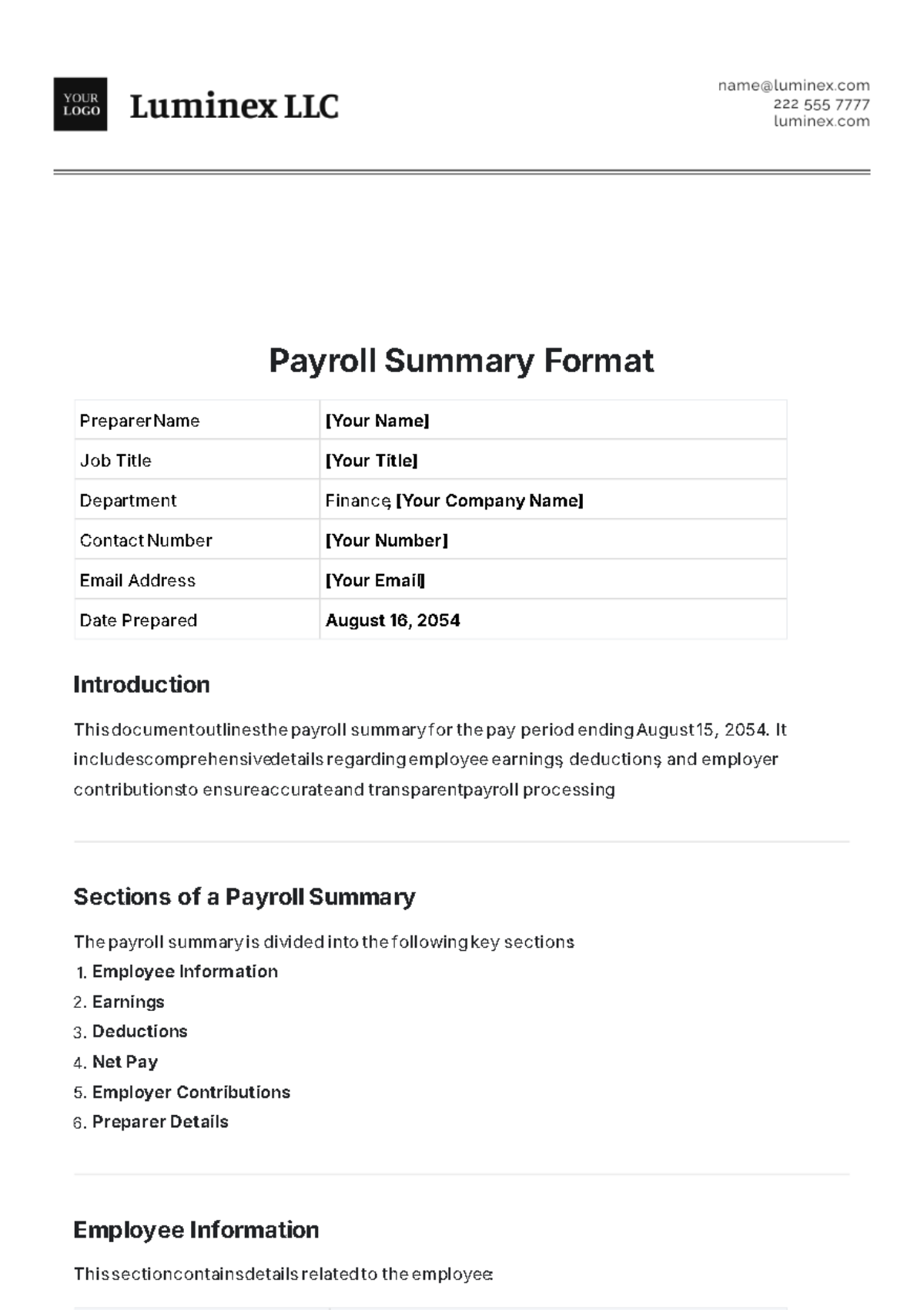 Payroll Summary Format Template - Edit Online & Download