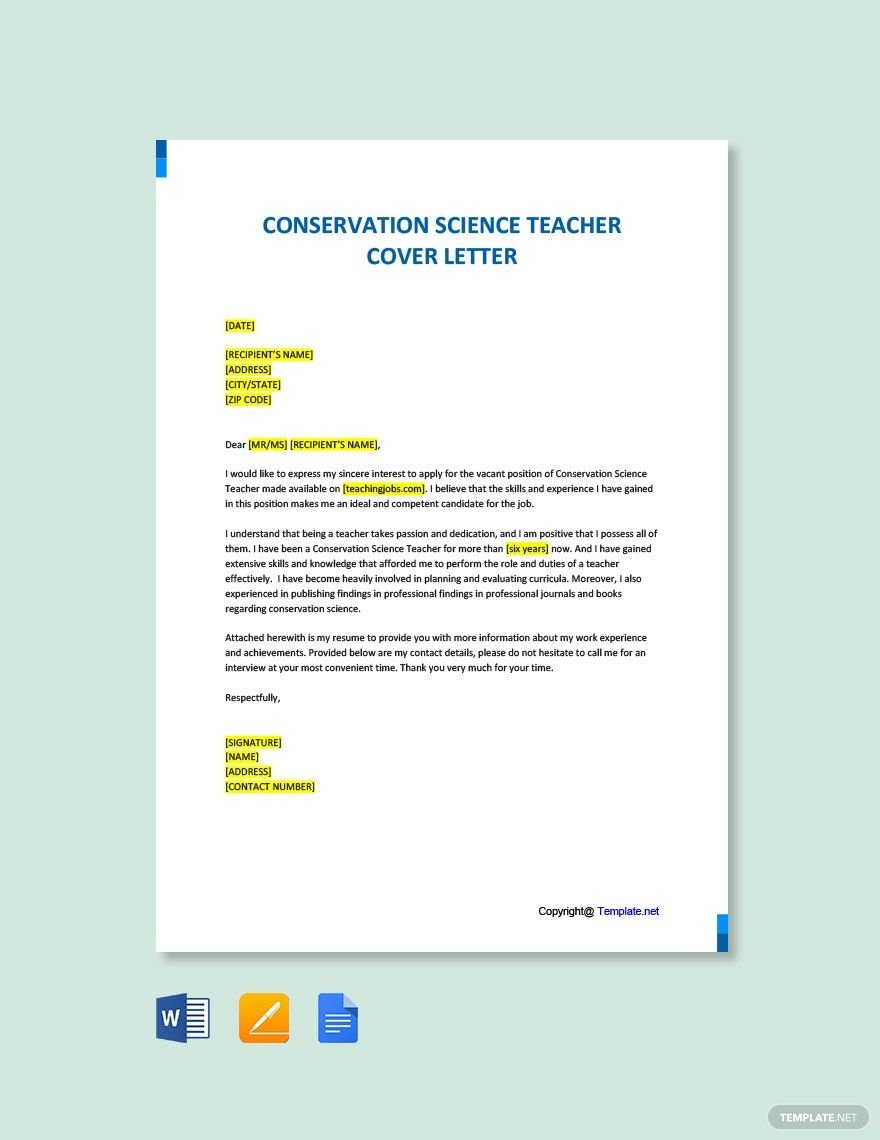 Conservation Science Teacher Cover letter