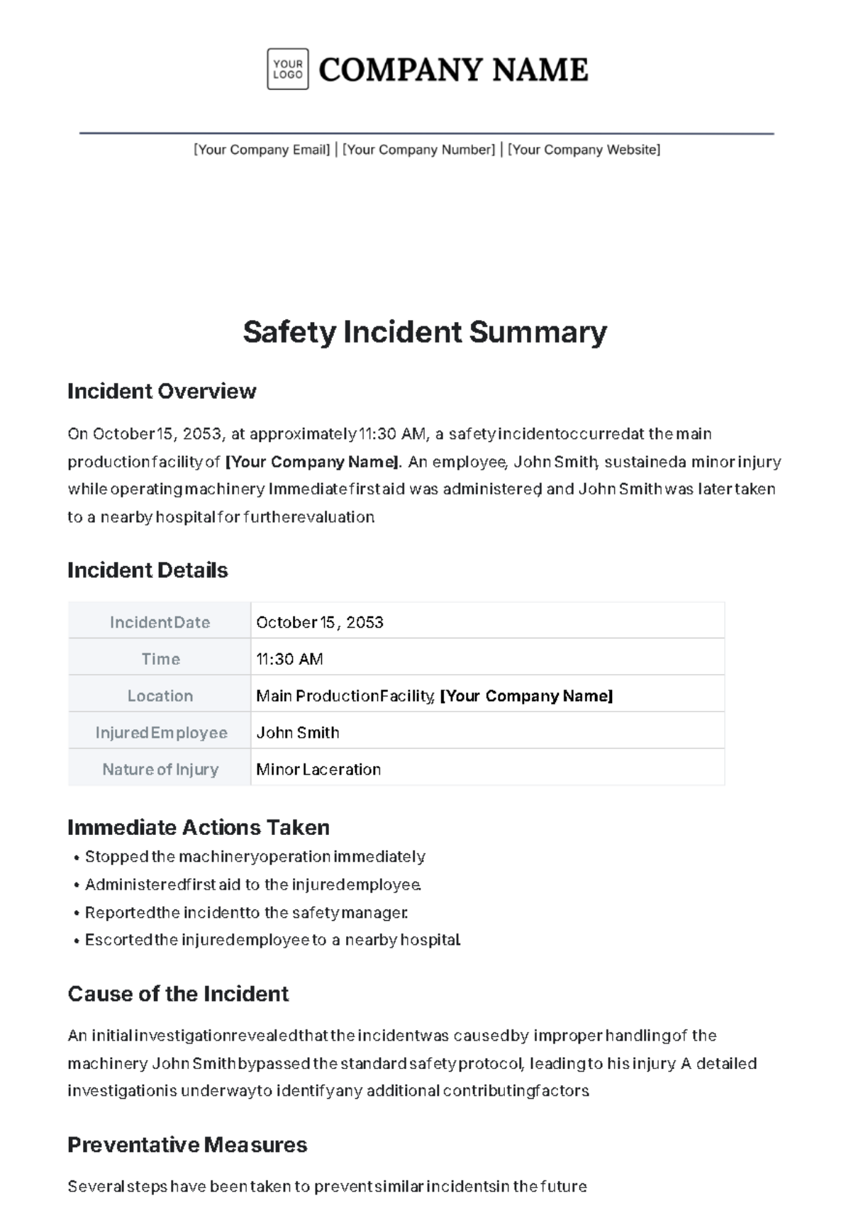 Safety Incident Summary Template - Edit Online & Download