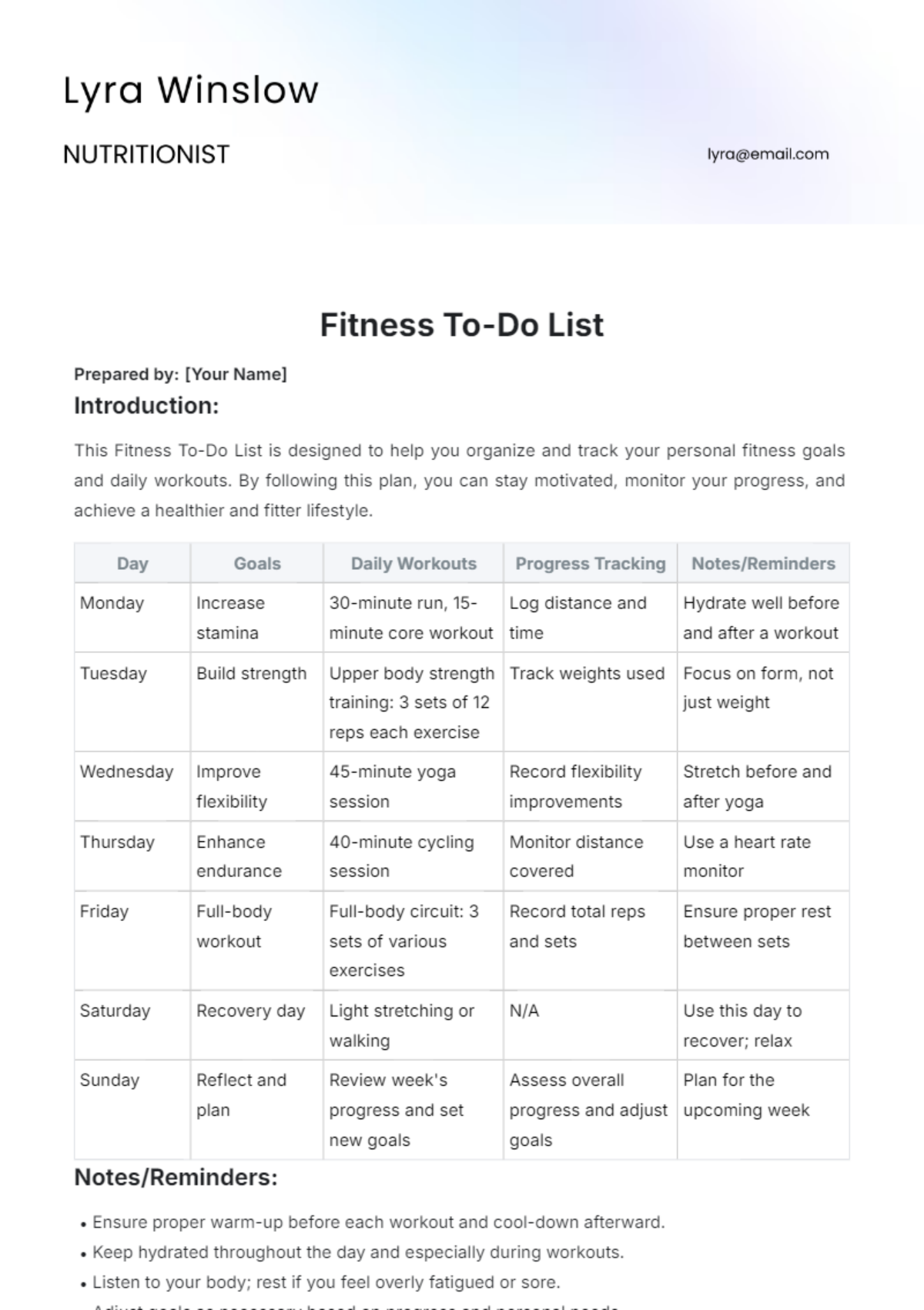 Fitness To Do List Template