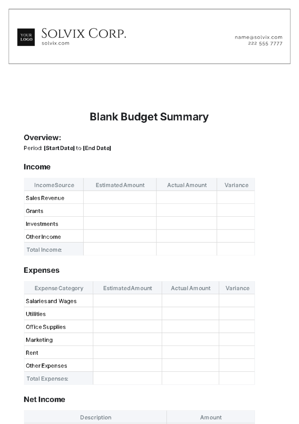 Blank Budget Summary Template - Edit Online & Download