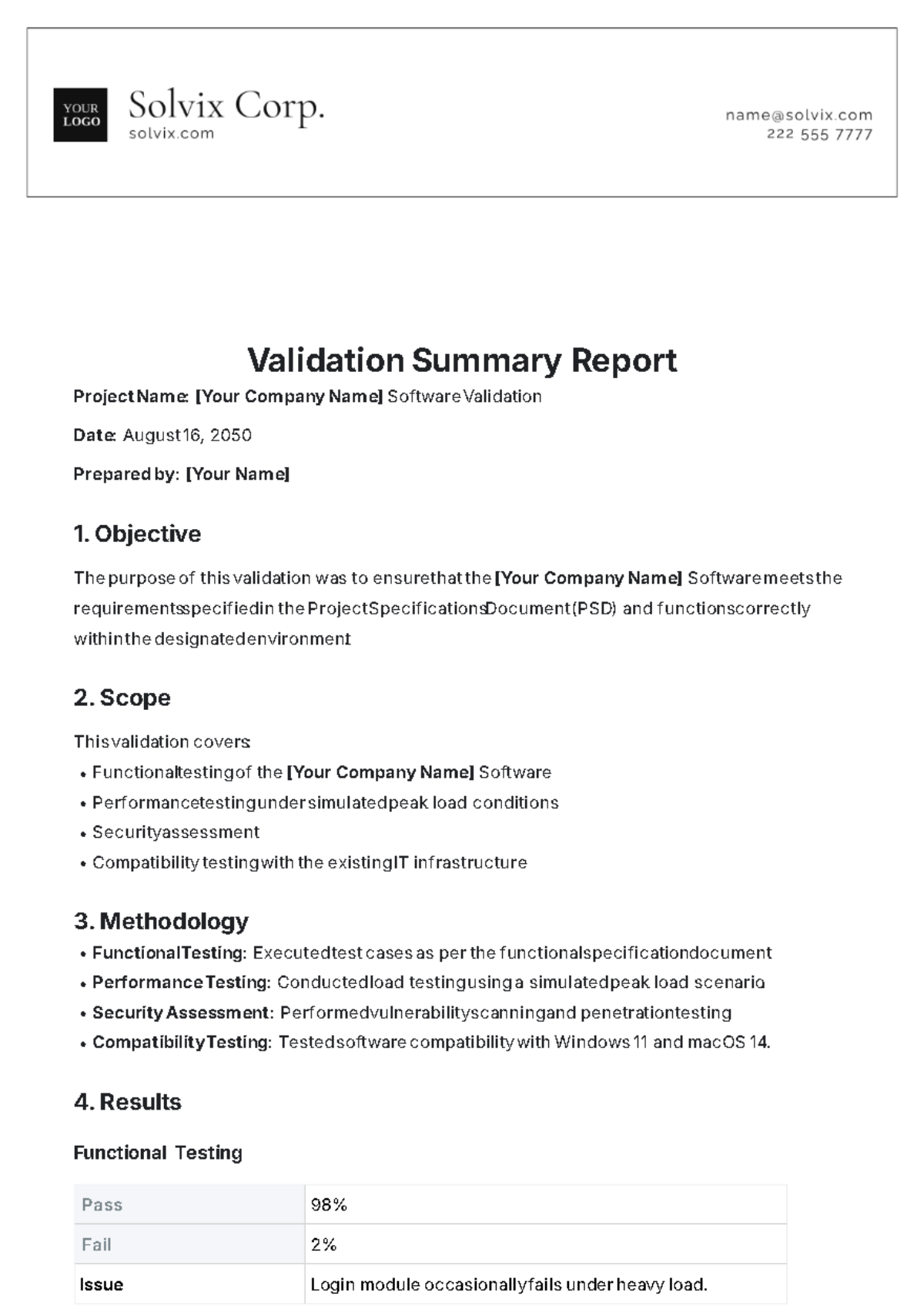 Validation Summary Report Template