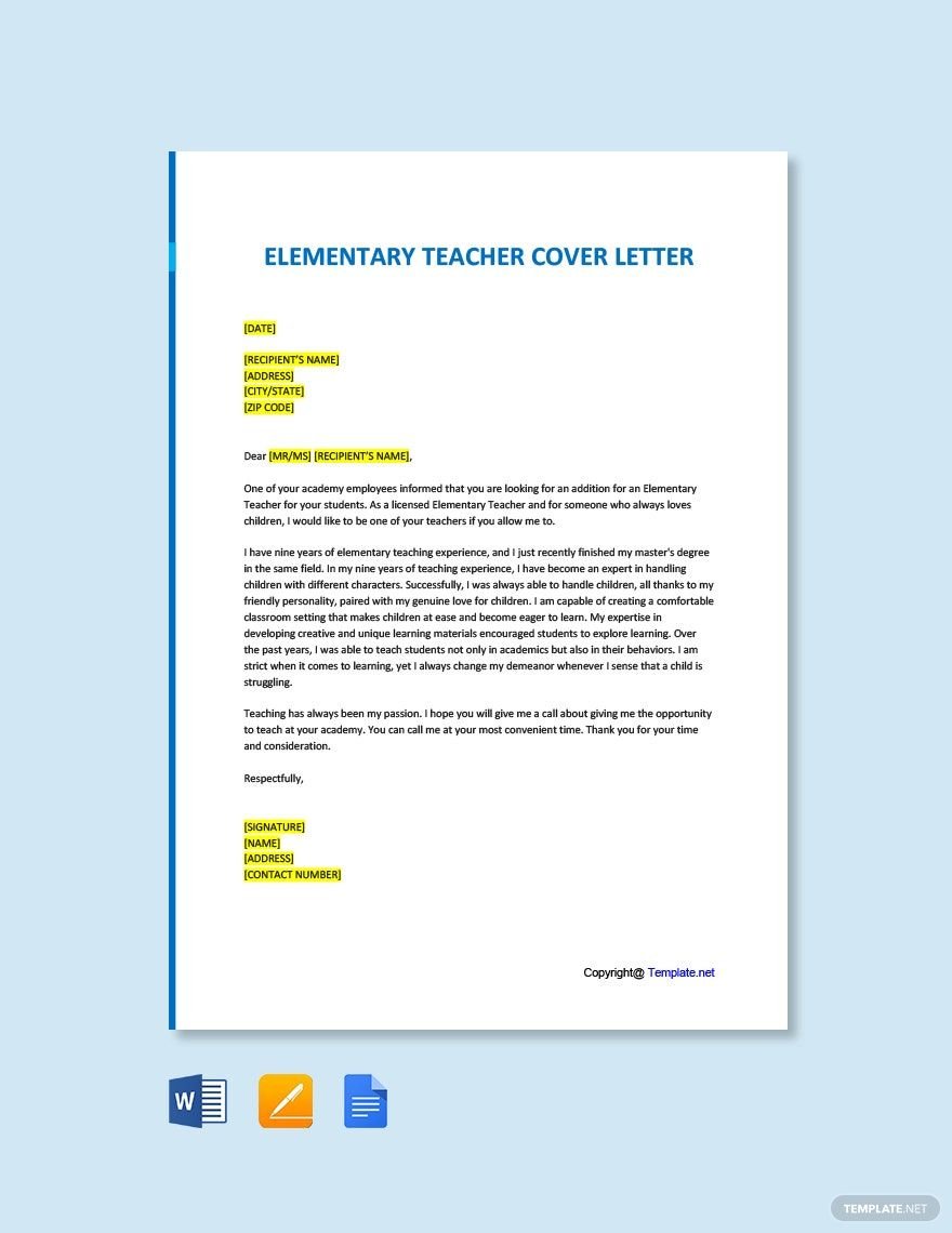 Sample Elementary Teacher Cover Letter Template