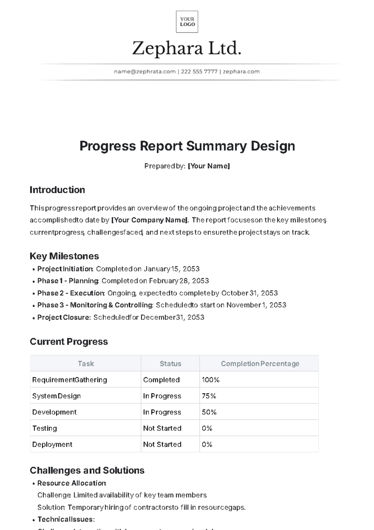 Progress Report Summary Design Template