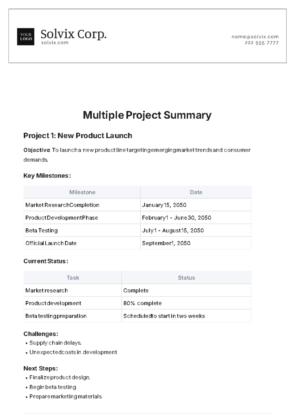 Multiple Project Summary Template - Edit Online & Download