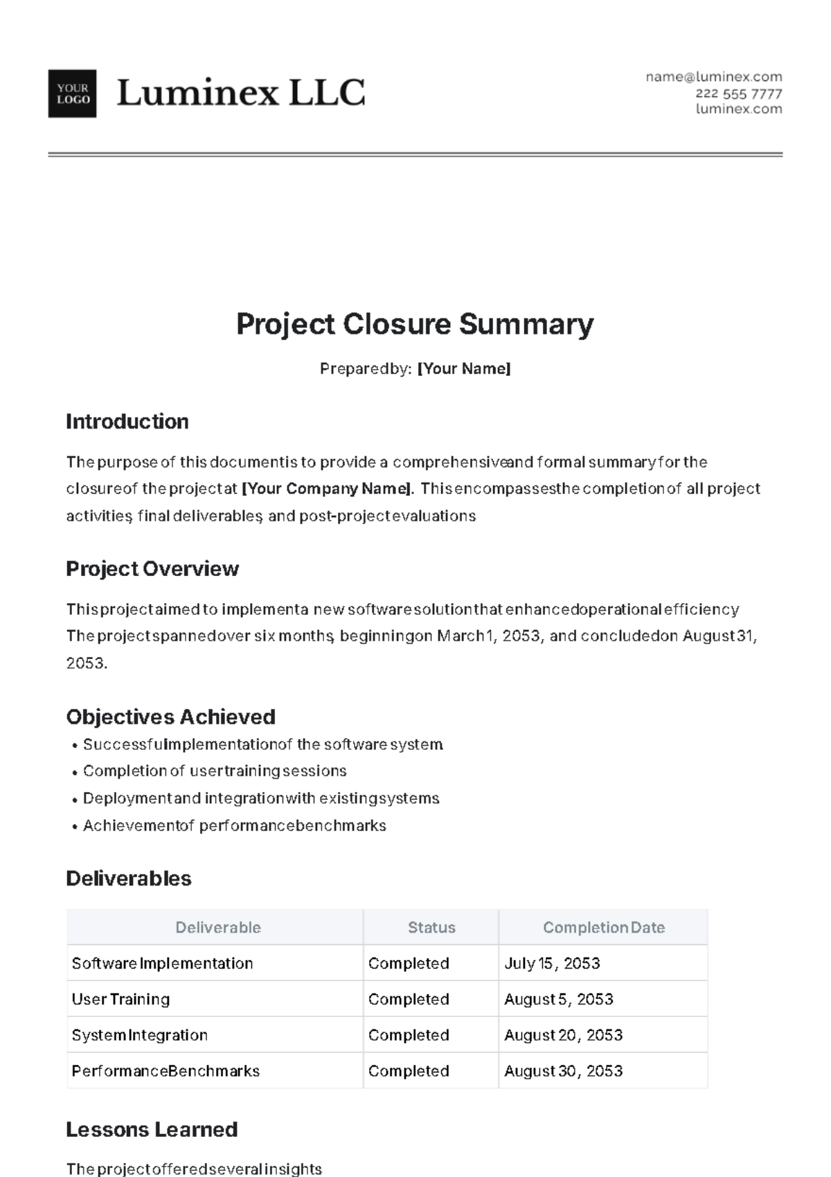 Project Closure Summary Template - Edit Online & Download