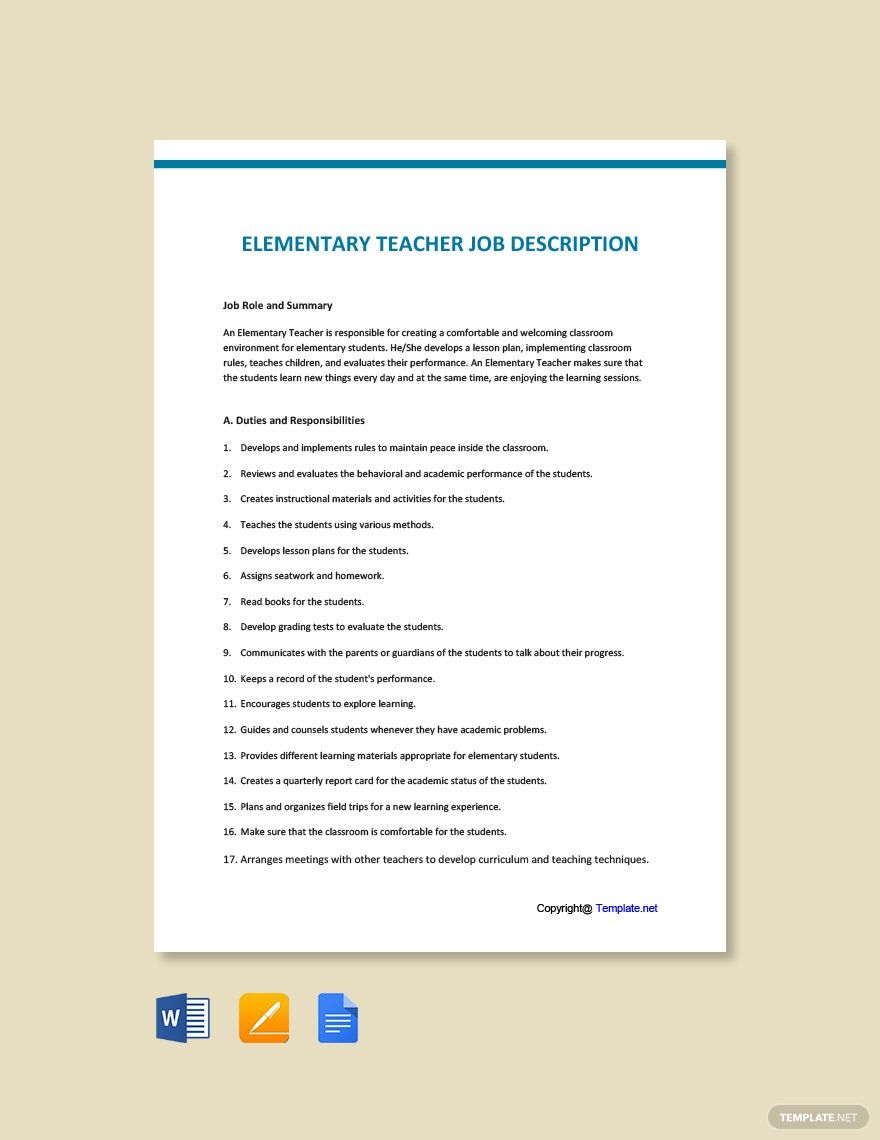 Elementary Teacher Job Ad Description Template Google Docs Word 