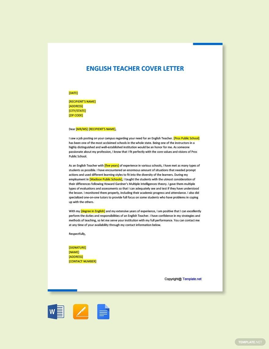 English Teacher Cover Letter