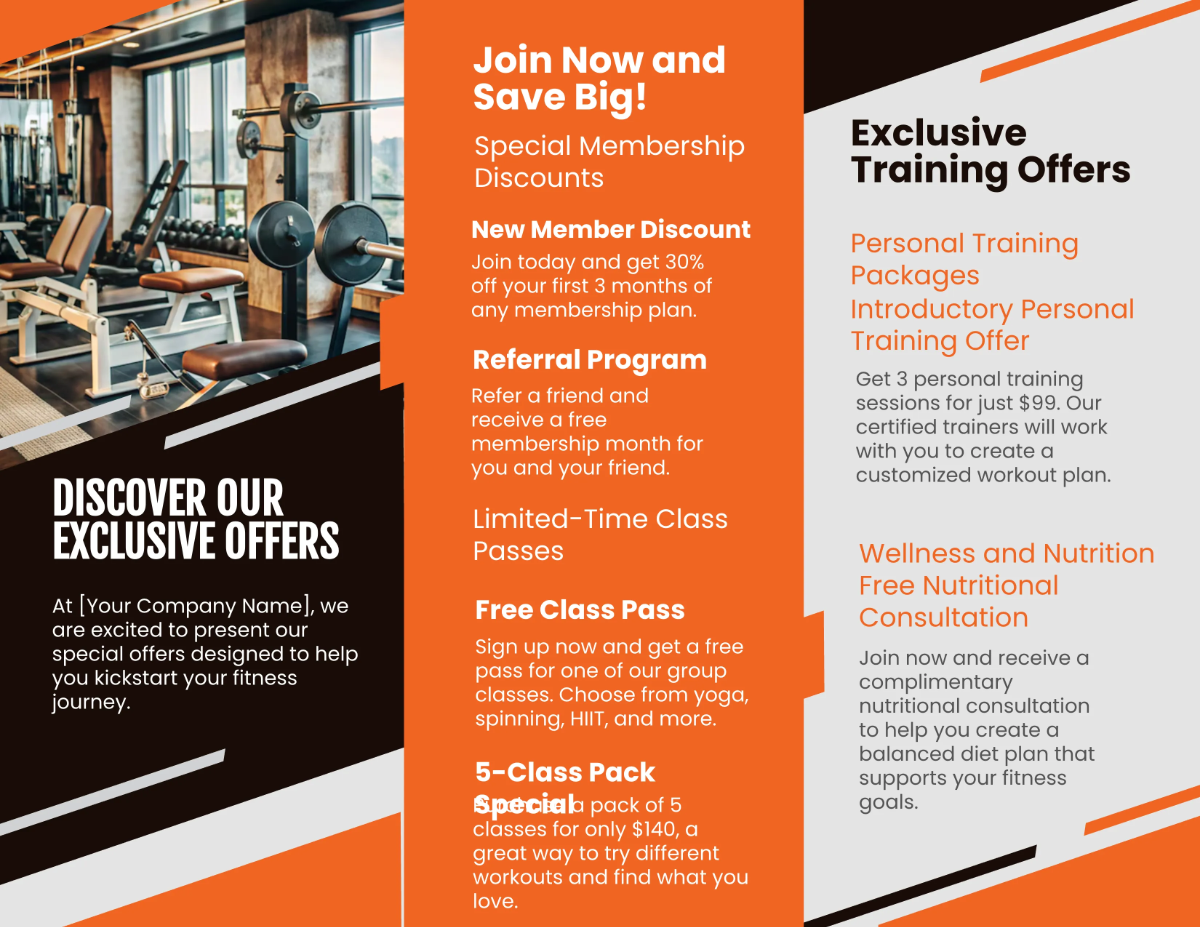 Free Gym Special Offer Brochure Template to Edit Online