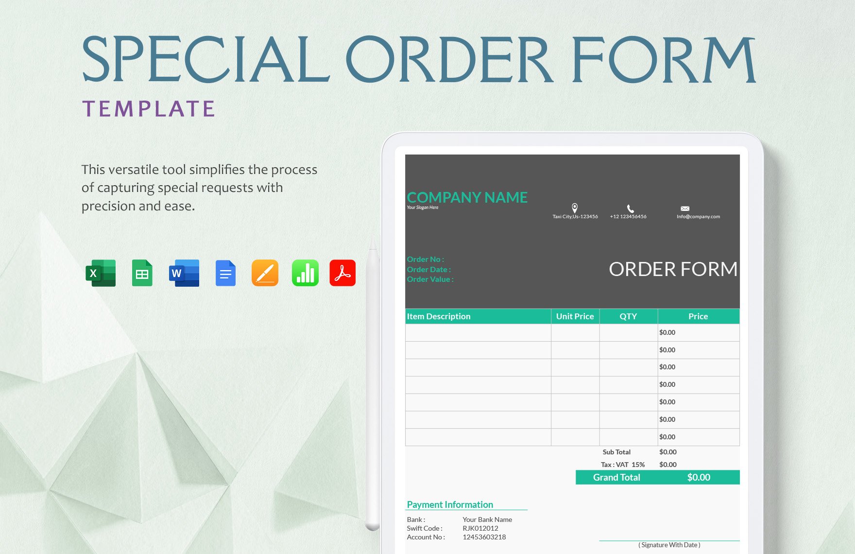 Special Order Form Template in Word, Google Docs, Excel, PDF, Google Sheets, Apple Pages, Apple Numbers