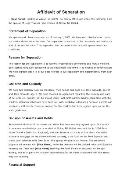 Free Affidavit of Separation Template to Edit Online