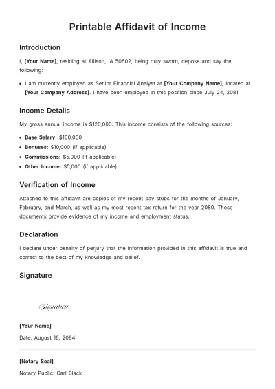 Free Printable Affidavit of Income Template to Edit Online