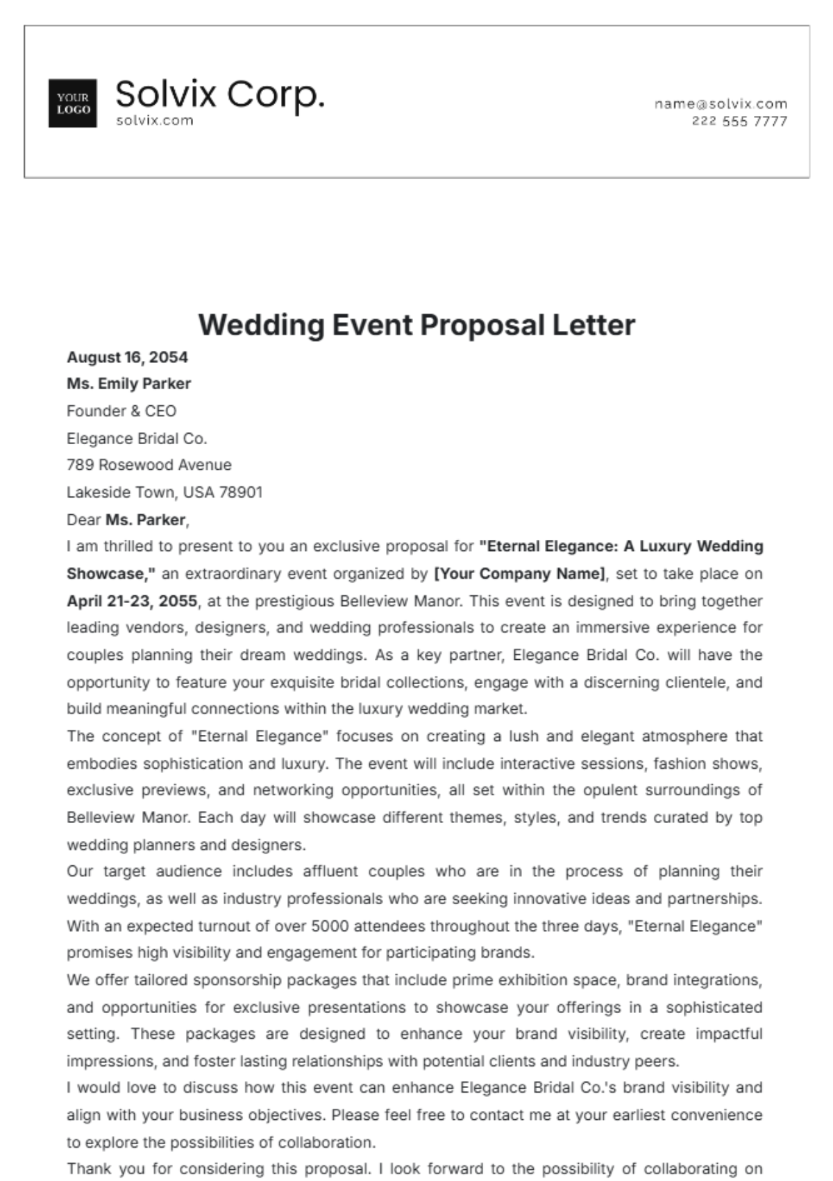 Wedding Event Proposal Letter Template - Edit Online & Download