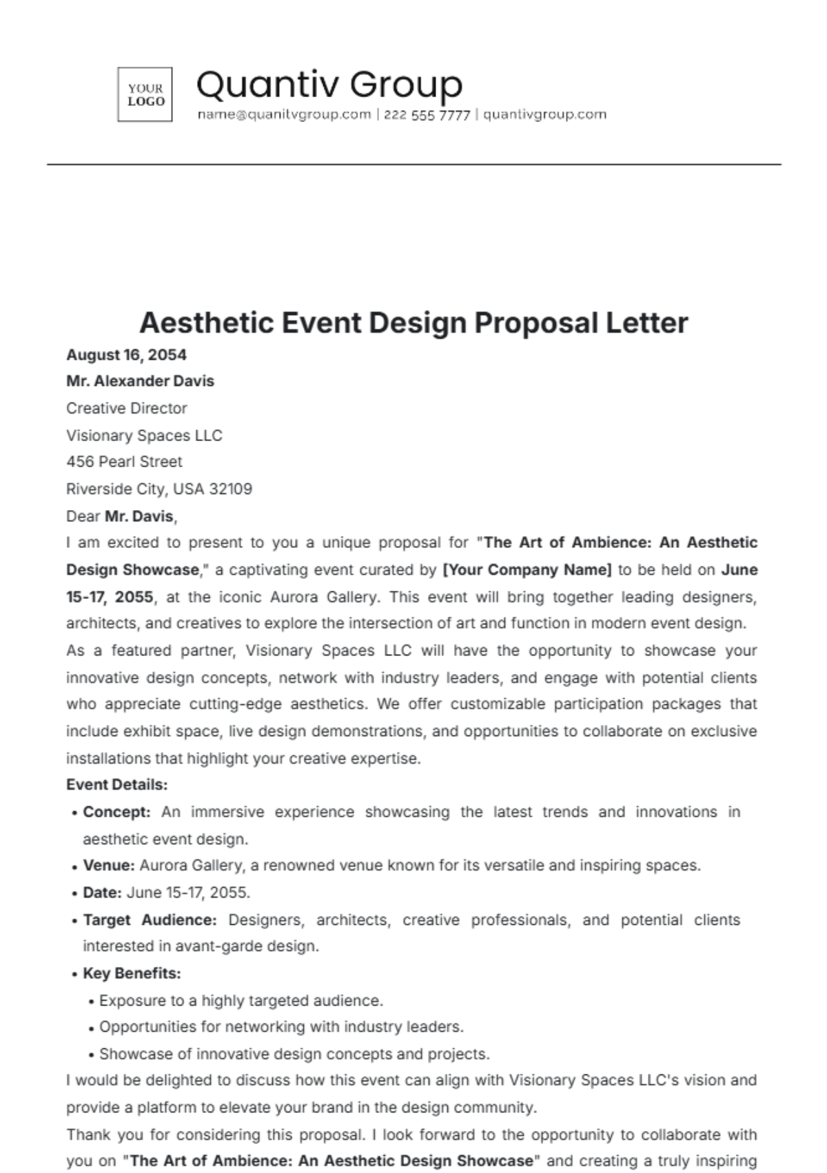 Aesthetic Event Design Proposal Letter Template - Edit Online & Download