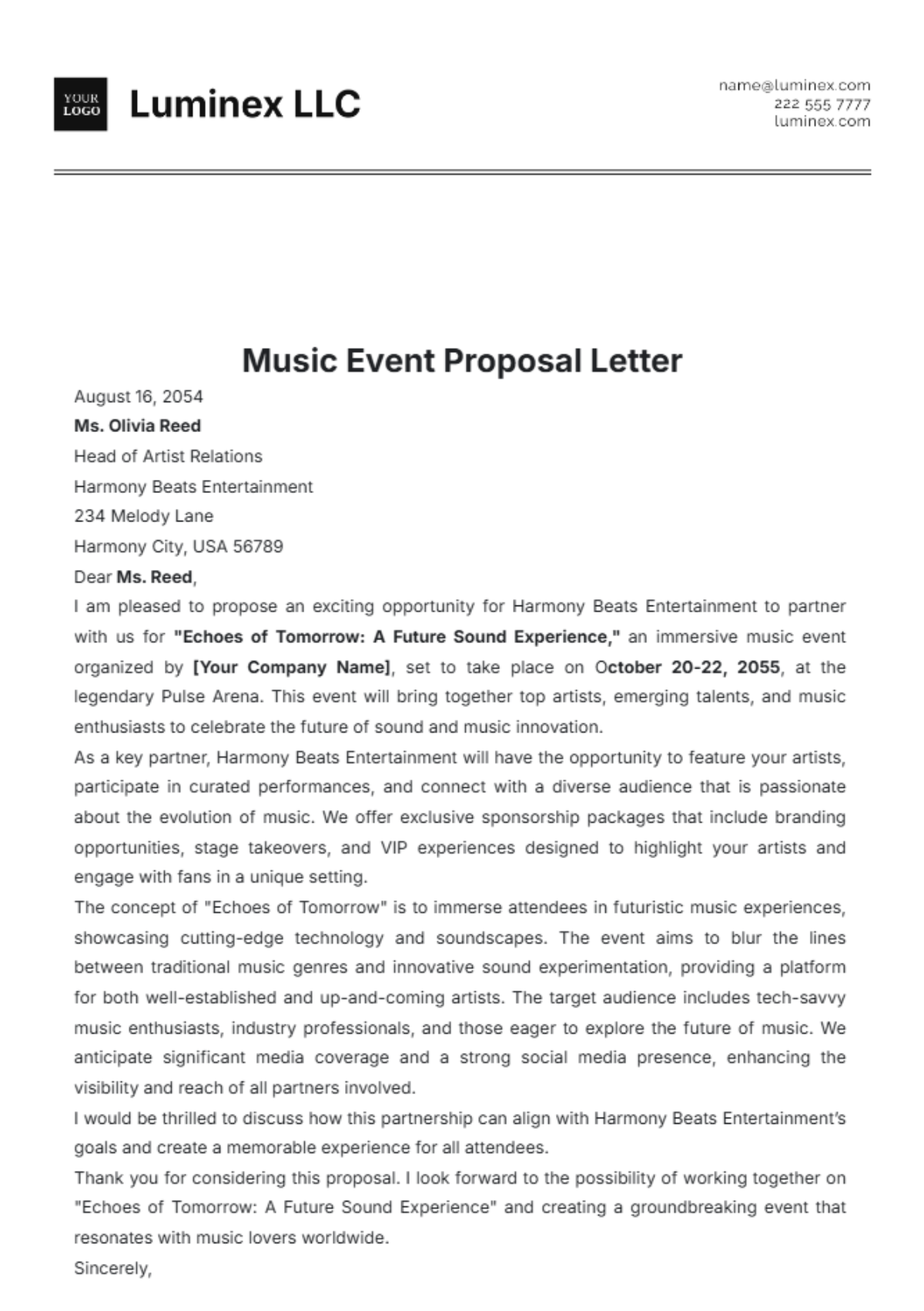 Music Event Proposal Letter Template - Edit Online & Download