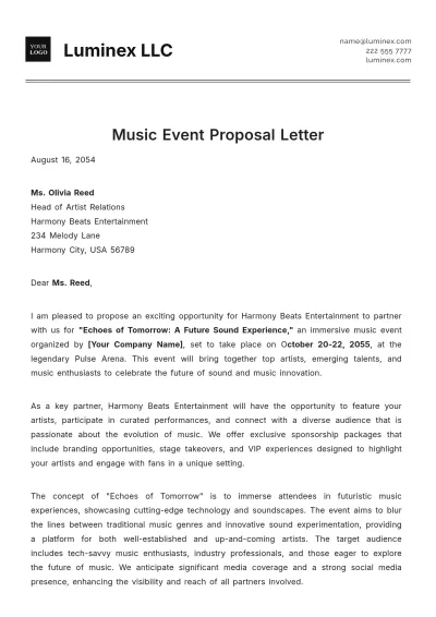Free Music Event Proposal Letter Template to Edit Online