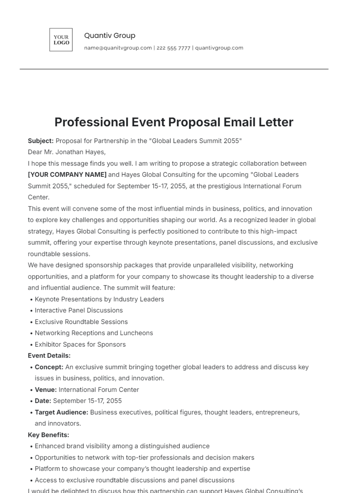 Professional Event Proposal Email Letter Template - Edit Online & Download