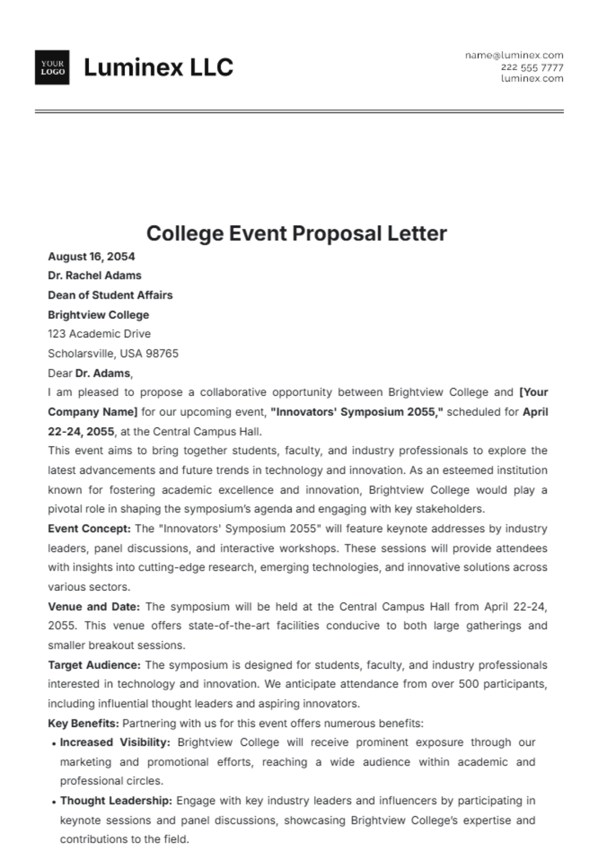 College Event Proposal Letter Template - Edit Online & Download