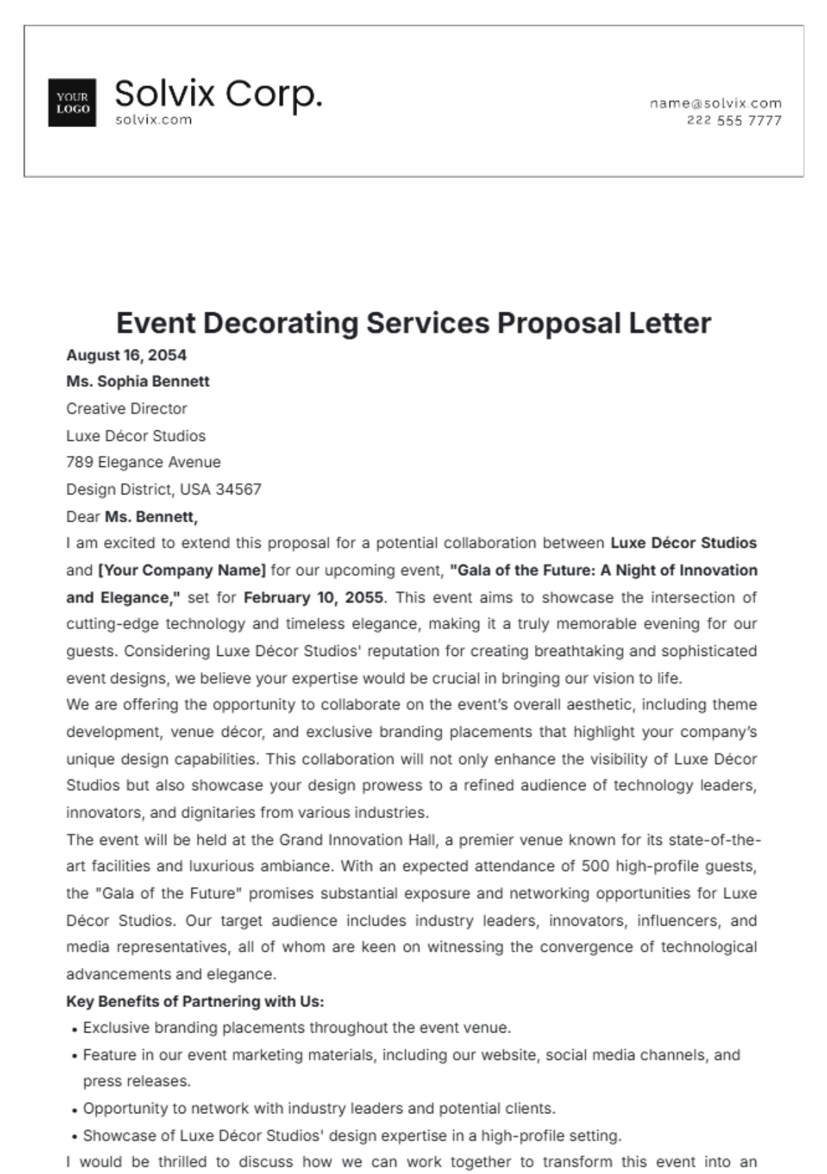 Event Decorating Services Proposal Letter Template - Edit Online & Download