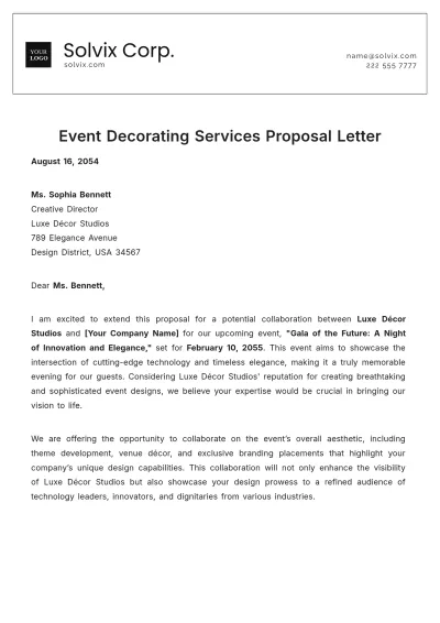 Free Event Decorating Services Proposal Letter Template to Edit Online