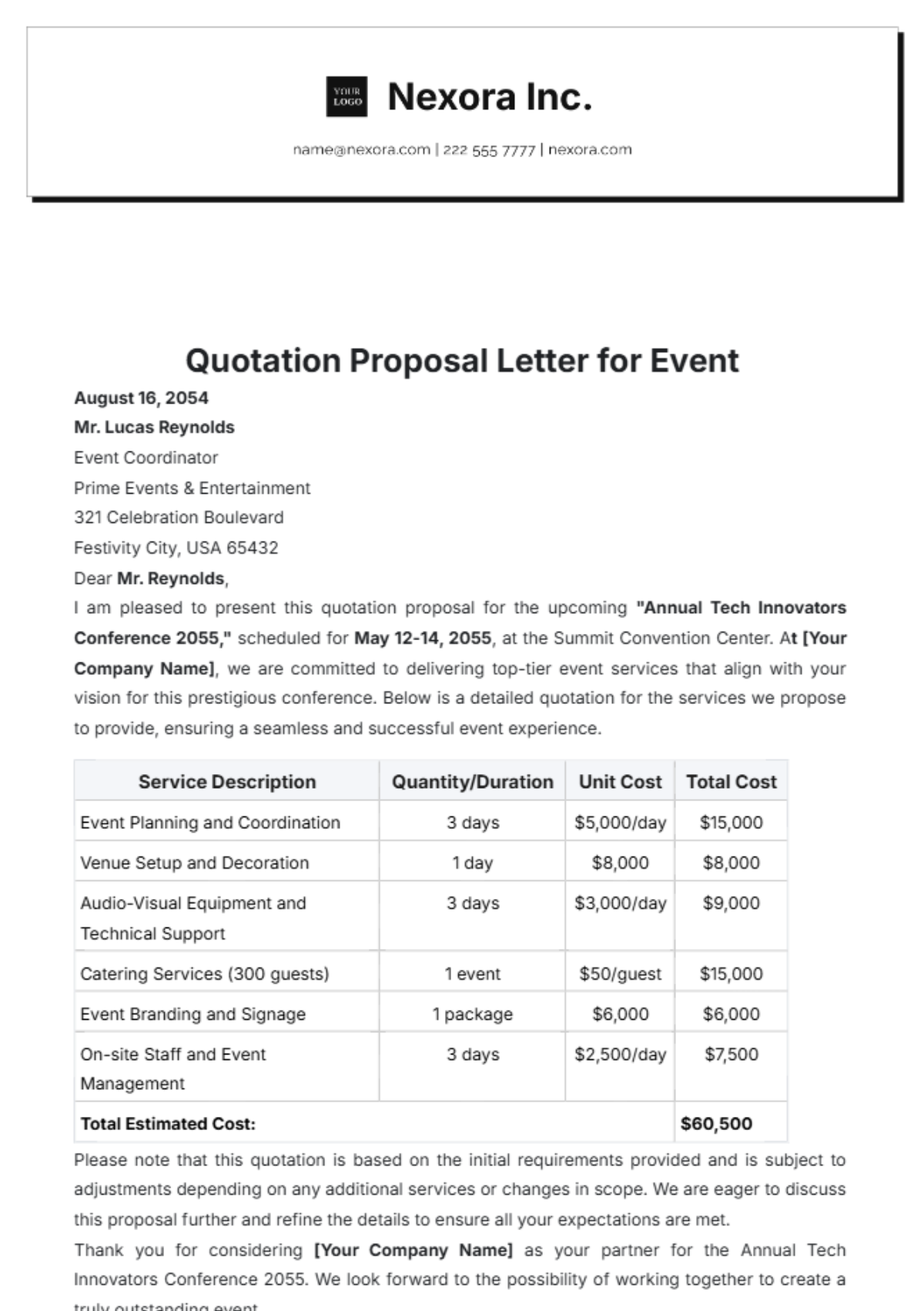 Quotation Proposal Letter for Event Template - Edit Online & Download