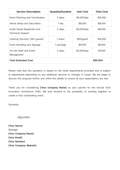 Free Quotation Proposal Letter for Event Template to Edit Online