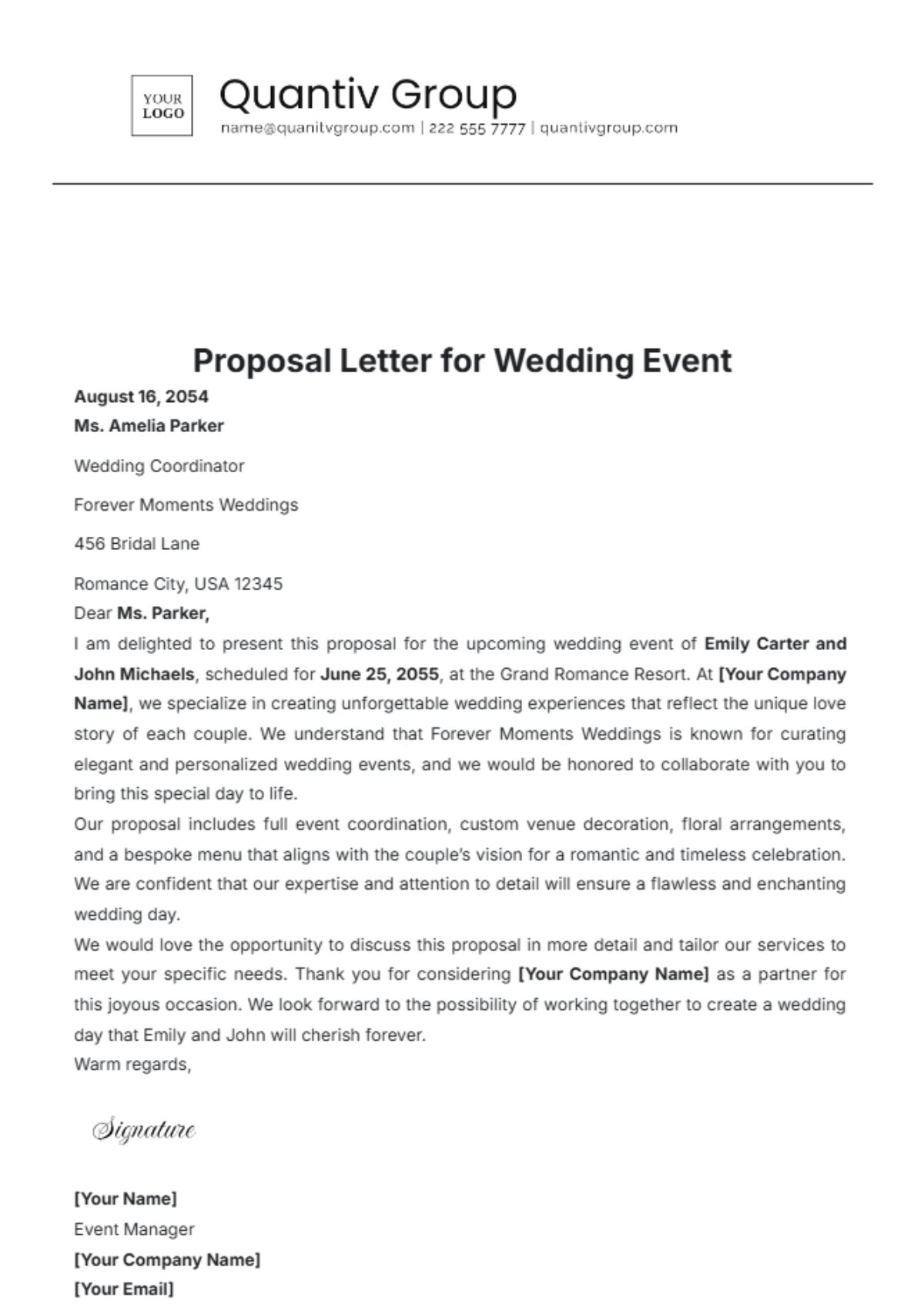 Proposal Letter for Wedding Event Template - Edit Online & Download