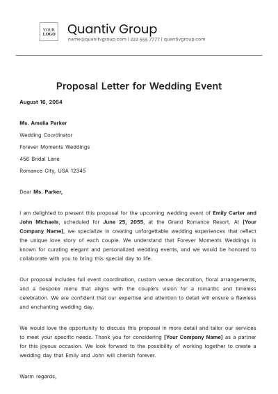 Free Proposal Letter for Wedding Event Template to Edit Online