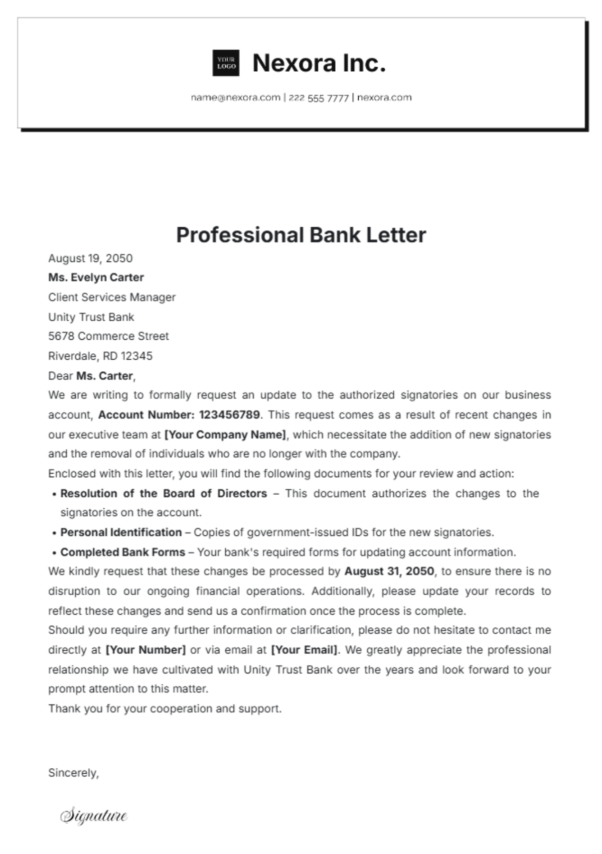 Professional Bank Letter Template