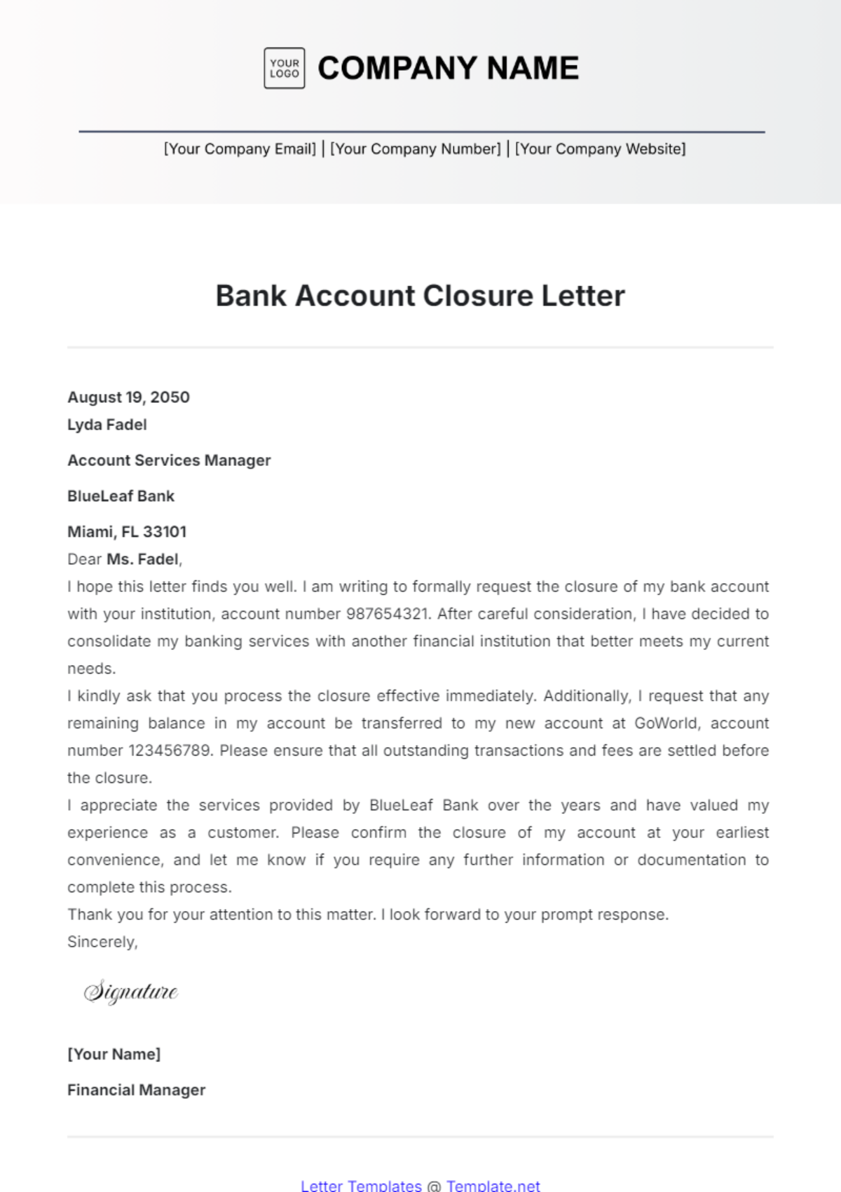 Bank Account Closure Letter Template