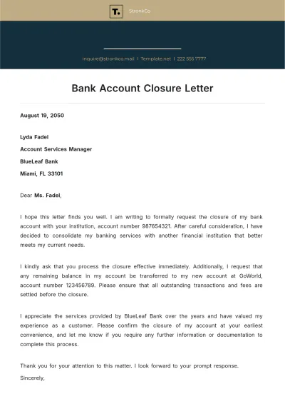 Free Bank Account Closure Letter Template to Edit Online