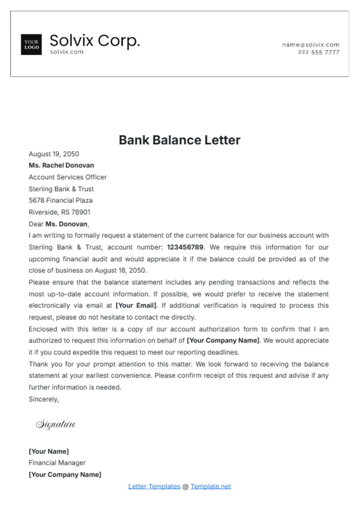 Bank Balance Letter Template