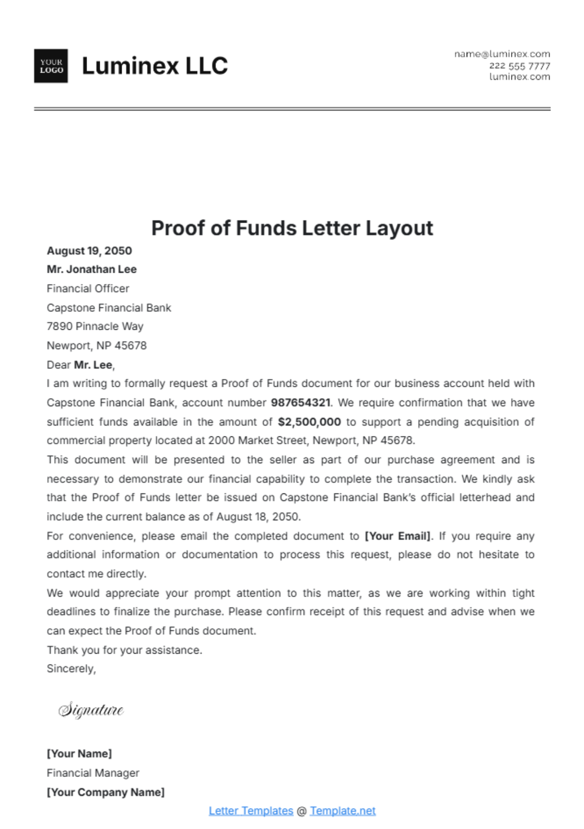 Proof of Funds Letter Layout Template