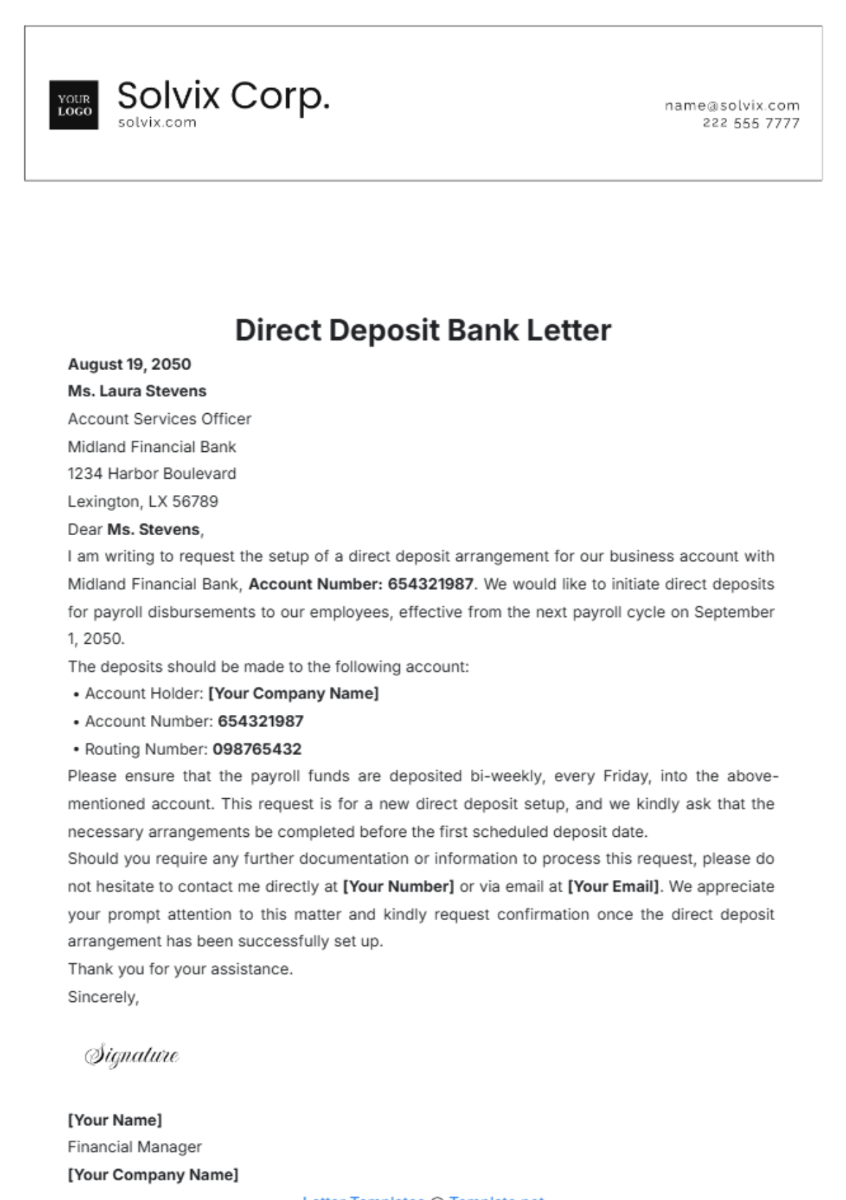 Direct Deposit Bank Letter Template