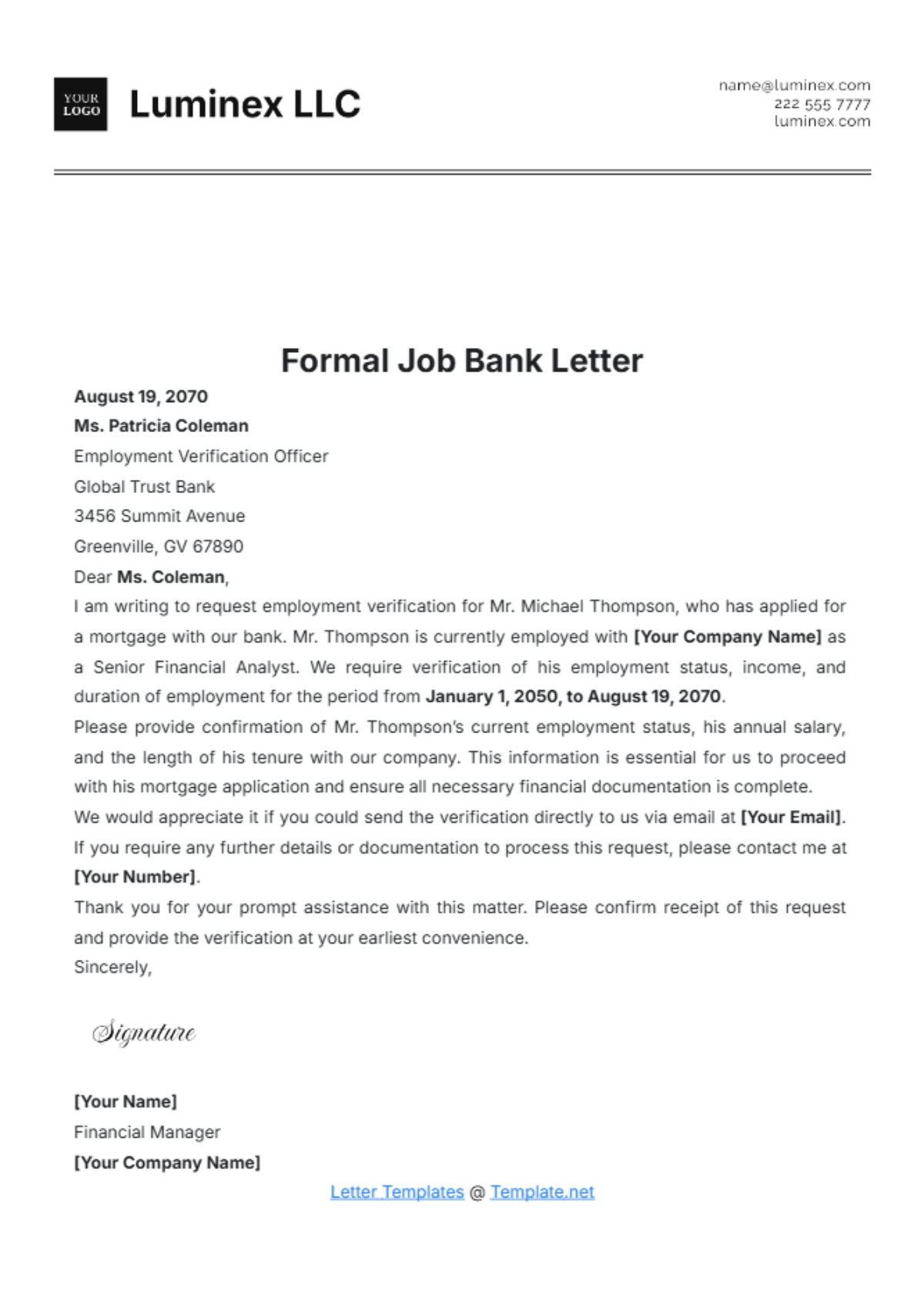 Formal Job Bank Letter Template