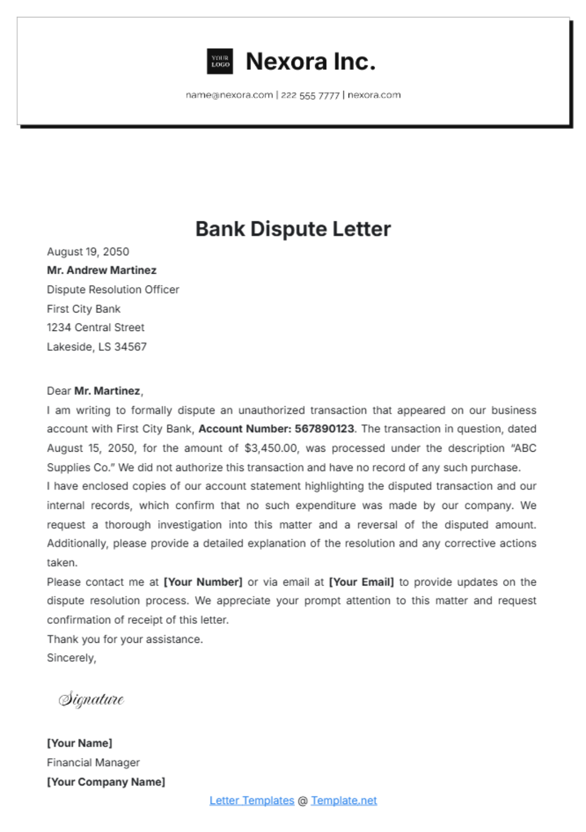 Bank Dispute Letter Template