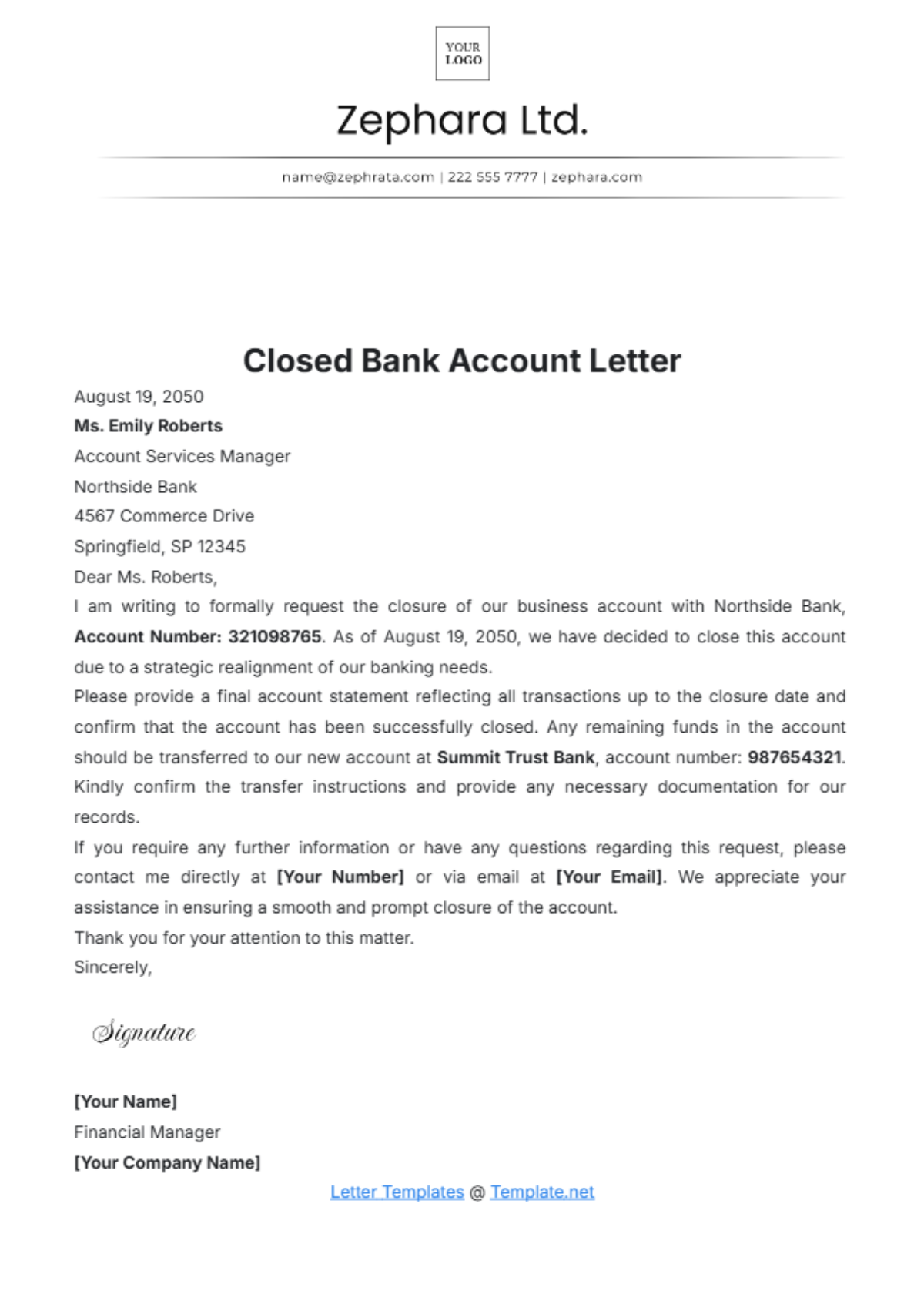 Closed Bank Account Letter Template